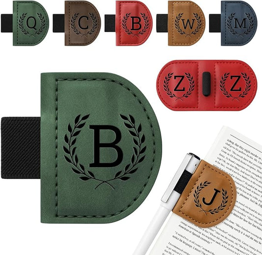 Personalized Bygone Mark Bookmark with Pen Holder,Engraving Leather Magnetic Bookmarks Vintage 26 Letters Name Initials Text Book Marker Clips Gifts for Reading Book Lovers Women (Green, B)-DeskLoop Office