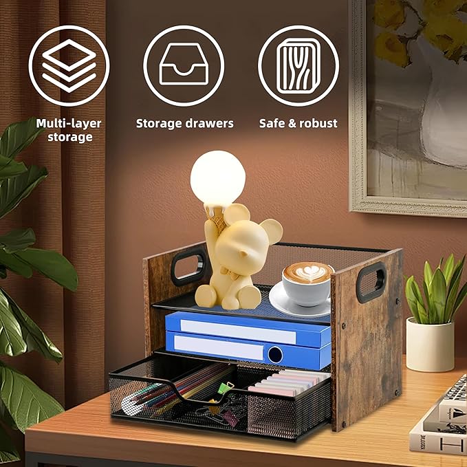 Wood Desk Organizer - 3-Tier Desktop File Organizer with Drawer, Wooden Paper Tray, Office Desk Organzier and Accessories for Papers, Mail, Notebooks, Stationery-DeskLoop Office