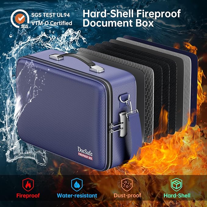 DocSafe Fireproof Document Box with Lock, Hard Case File Organizer with Accordion File Folder, Fireproof Water Resistant Safe Box Home Office Travel Storage for Important Documents Laptop Blue-DeskLoop Office