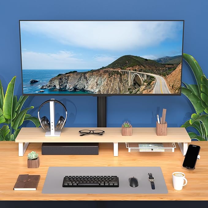 Aothia Dual Monitor Stand Riser - Monitor Stand with Drawer,Monitor Stand For 2 Monitors, Desk Shelf For Monitor with Metal Legs, Wood Monitor Stand with Storage Organize For Pc,Laptop,Screen (Oak)-DeskLoop Office