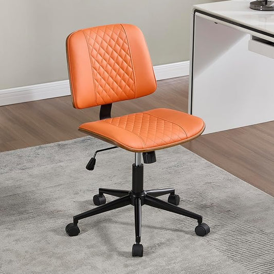 Small Home Office Chair - Armless Mid Back Desk Chair with 360° Swivel and Wheels, PU Upholstered Height Adjustable Modern Walnut Computer Chair for Home, Office Meeting Room - Orange-DeskLoop Office