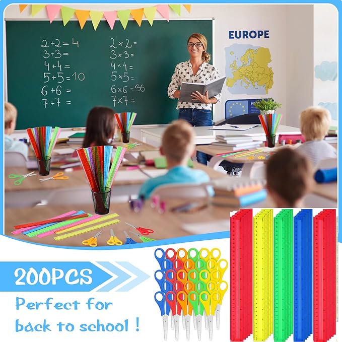 PerKoop 200 Pcs School Supplies with 100 Pcs Safety Blunt Tip Student Scissors 100 Pcs 12 Inch Plastic Rulers Back to School Supply Kit for Operation Christmas Charity Donation Supplies (Vivid Color)-DeskLoop Office
