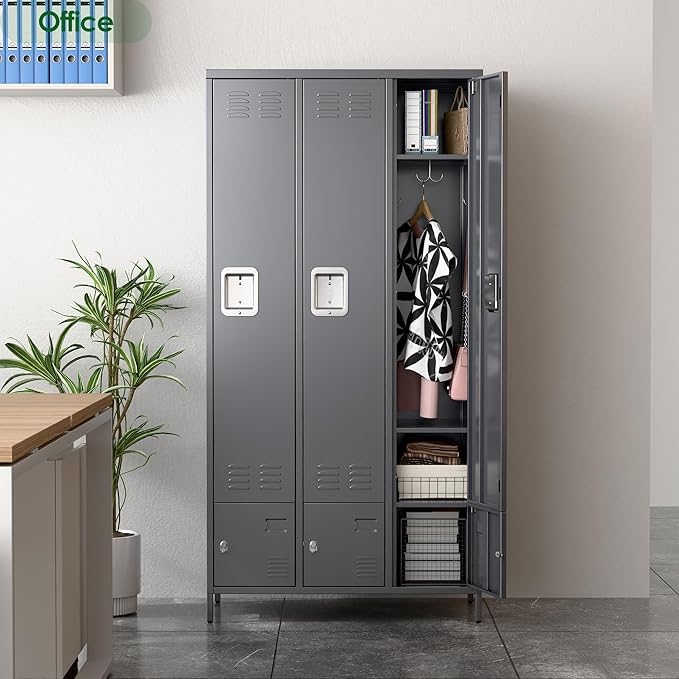 Metal Storage Locker with 3 Big Doors & 3 Small Doors, Lockers for Employees with Hooks for School Garage Office Gym Bedroom,Assembly Required,Dark Grey-DeskLoop Office