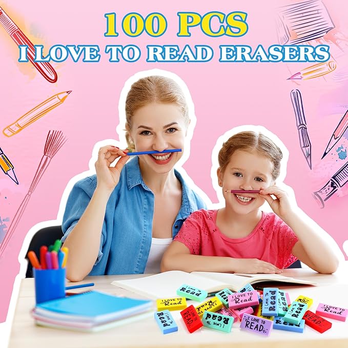 100 Pcs Inspirational Erasers for Kids Back to School Gifts I Love to Read Small Colorful Pencil Erasers for Students Classroom Cute Motivational Gift for Drawing School Office Supplies-DeskLoop Office
