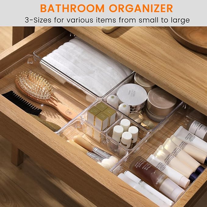 Criusia 8 Pack Drawer Organizer for Kitchen Gadgets, Large Clear Plastic Drawer Divider for Kitchen Accessories, Bathroom Organizers and Storage, Home Essentials for Makeup and Vanity Accessories-DeskLoop Office