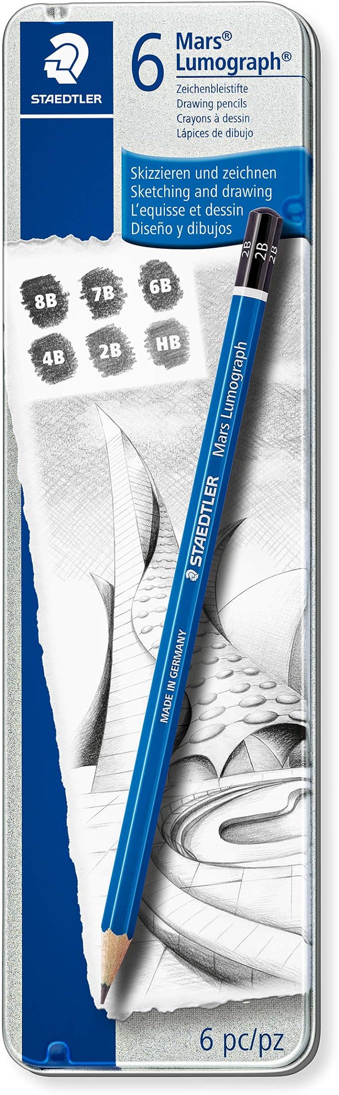STAEDTLER Lumograph Graphite Drawing and Sketching Pencils 100G6, Set of 6 Degrees in an Attractive Storage Tin (100G6)