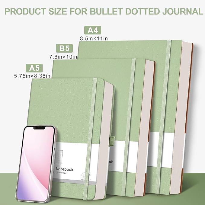 AHGXG Bullet Dotted Journal - Large A4 Notebook Dotted, 8.5''×11'', 320 Pages Dot Grid Notebook, 100gsm Thick Paper, Leather Softcover, with Journal Stencils, Inner Pocket - LightGreen-DeskLoop Office