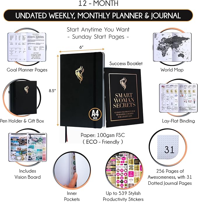 Hourly Planner - Undated Daily, Weekly & Monthly Planner with Budget Section | A 12 Month Journey to Increase Productivity & Happiness | Life Organizer & Gratitude Journal - Vertical Format-DeskLoop Office