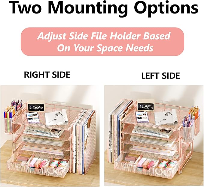 Desk Organizers and Accessories, 5-Tier Paper File Organizer with Drawer & Pen Holder, Office Desk Accessories Workspace Desktop Organizer for Office Supplies (Rose Gold)-DeskLoop Office
