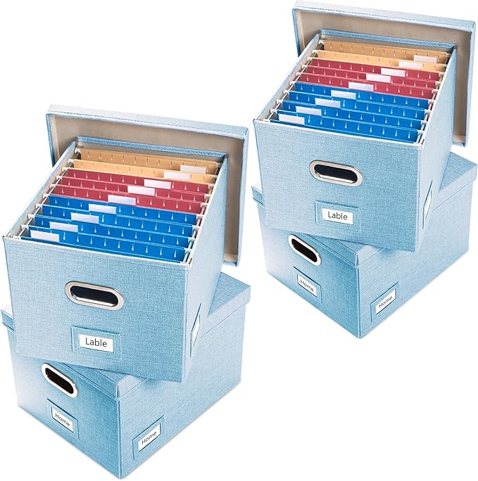 PRANDOM File Organizer Box - Set of 4 Collapsible Decorative Linen Filing Storage Hanging File Folders with Lids Office Cabinet Letter/Legal Size Blue 17.1x14x11.1 inch-DeskLoop Office