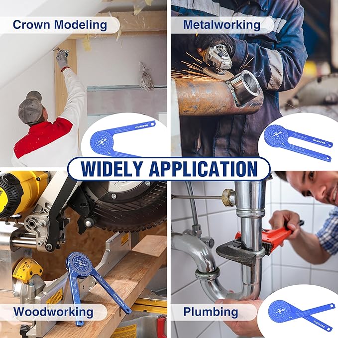 WORKPRO Aluminum Miter Saw Protractor, 7.3 Inch Angle Finder Featuring Precision Laser Engraved Scales for Inside and Outside Corner, Carpenters, Plumbers and All Building Trades, 360° Rotation, Blue-DeskLoop Office