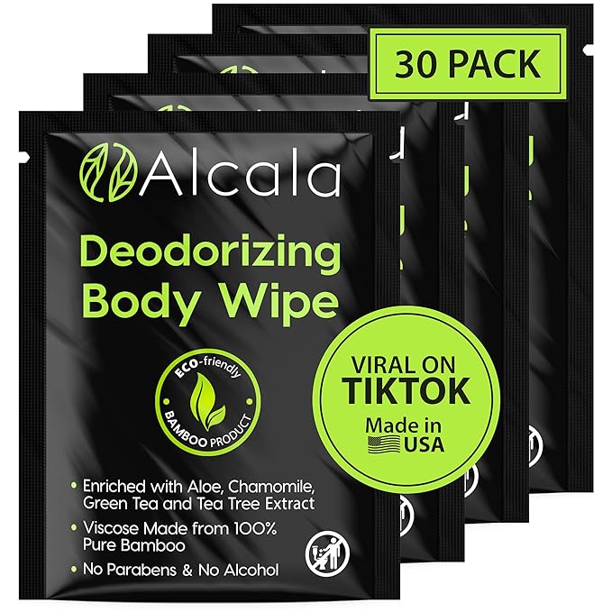 Alcala Deodorizing Body Wipes Individual Shower Wipes 100% Pure Biodegradable Bamboo Wet Wipes with Aloe Tea Tree Adult Body Wipes for Women & Men Ideal for Camping Hiking, Hospitals & Gym (30 Pack)-DeskLoop Office