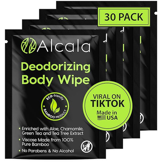 Alcala Deodorizing Body Wipes Individual Shower Wipes 100% Pure Biodegradable Bamboo Wet Wipes with Aloe Tea Tree Adult Body Wipes for Women & Men Ideal for Camping Hiking, Hospitals & Gym (30 Pack)-DeskLoop Office