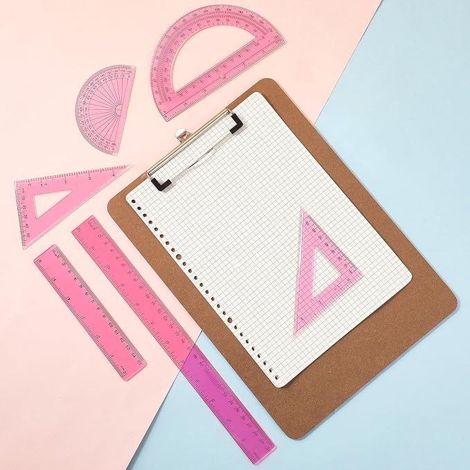 Tenare 1 Set Plastic Clear Math Set Includes Protractor Triangle Rulers 12 Inch 6 Inch Straight Geometry Math Transparent Ruler Measuring Tool for School Office Home Supplies(Pink)-DeskLoop Office