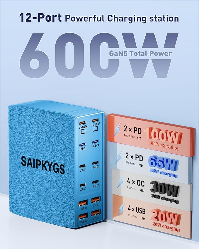 Charging Station (600W),12-Port USB C Charger Block with Dual 100W PD USB-C Fast Charging Station Hub for MacBook Pro/Air/All iPad iPhone 17/16 15/14/13/Pro Max/Samsung Galaxy Note(Blue)-DeskLoop Office
