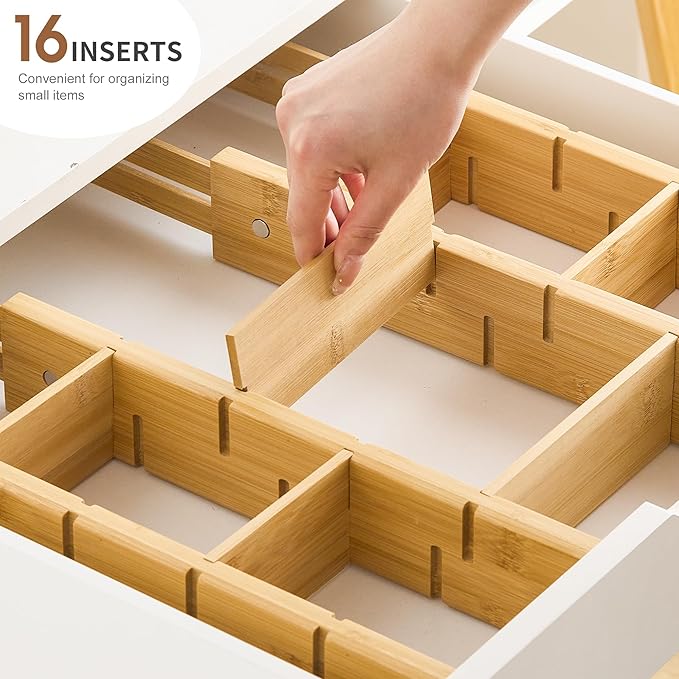 FILWH Bamboo Drawer Dividers with Inserts kitchen drawer organizer Adjustable Expandable 8 Pack Organizer Set for Kitchen Bedroom Bathroom Office 8 Dividers with 16 Inserts (Natural, Small (14-19IN))-DeskLoop Office