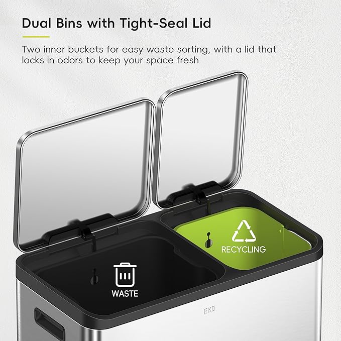 EKO EcoCasa Stainless Steel Dual Step Trash Can for Recycling, 30L+20L Rectangular Kitchen Trash Can, Independent Pedals and Lids, Soft Close and Fingerprint Resistant-DeskLoop Office
