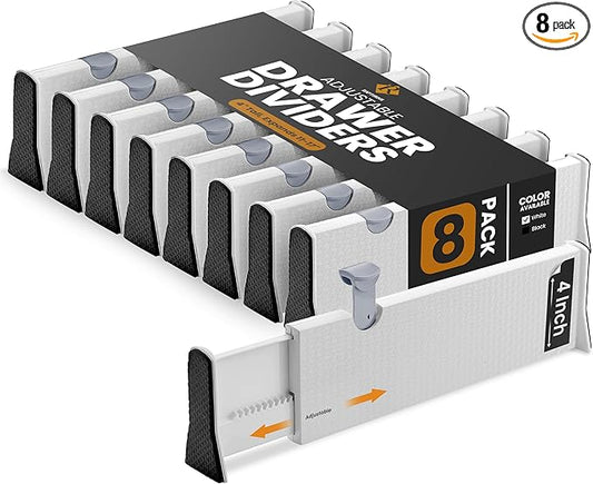 RAPTUROUS 4" Tall Drawer Dividers, 8-Pack, 11-17" Long, Expandable & Adjustable, Strong & Sturdy Non-Slip Dividers for Dresser, Closet, Kitchen, Nursery, and Office (White)-DeskLoop Office