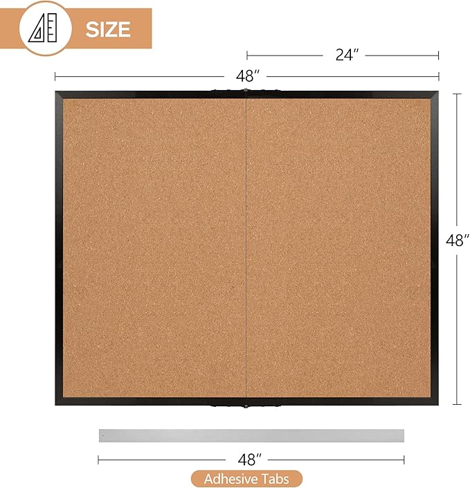 Board2by Extra Large Cork Bulletin Board 48" X 48", Foldable Notice Pin Board for Wall, Black Wood Framed 4'x4' Corkboard, Wall Mounted Noticeboard with 32 Push Pins for School, Home & Office-DeskLoop Office