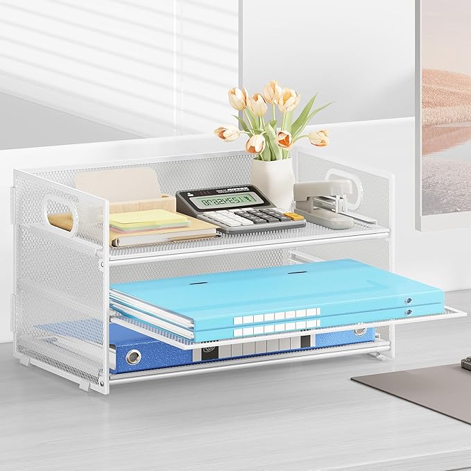Subekyu 3 Tier Letter Tray Paper Organizer with Handle, 1 PC Sliding Tray, White Metal Mesh Desk File Folder Paper Sorter Organizer for Home Office School Desk Supplies Organization Storage-DeskLoop Office