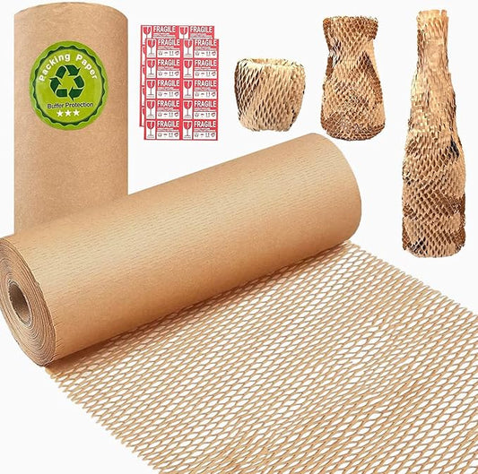 Honeycomb Packing Paper, HONSREO 15in x 300ft Eco Friendly Recyclable Cushioning Material, Bubble Wrap for Moving Shipping Breakable Supplies with 20 Fragile Sticker Lables (Brown)-DeskLoop Office