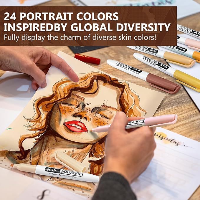 SFAIH 24 Skin Tone Permanent Markers - Assorted Portrait Colors, Fine Point Permanent Markers for Portrait, Figure, Animals, Trees Painting, Coloring Book, Decorate Wood, Quick Drying, Fade Resistant-DeskLoop Office