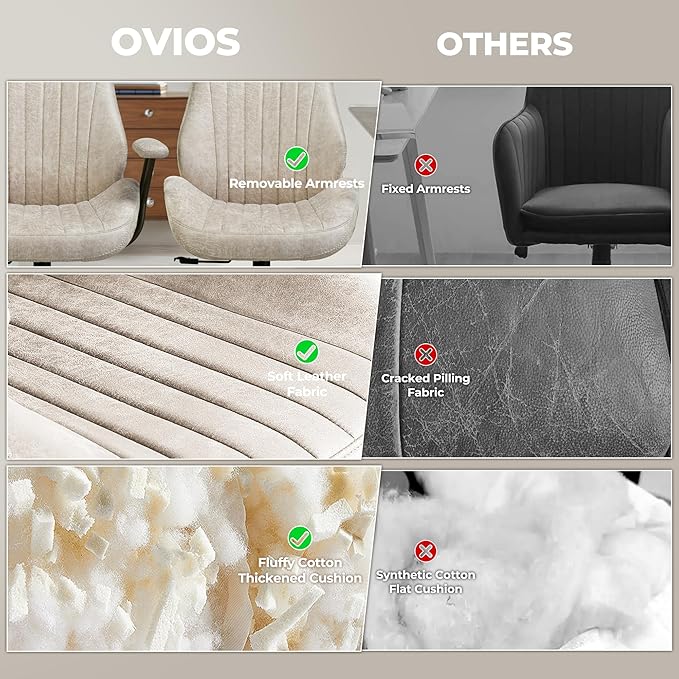 ovios Ergonomic Home Office Chair, Mid-Century Modern Faux Leather Chairs with Padded Armrests, Comfy High Back Swivel Rolling Executive Computer Armchair (Beige, Suede Leather)-DeskLoop Office