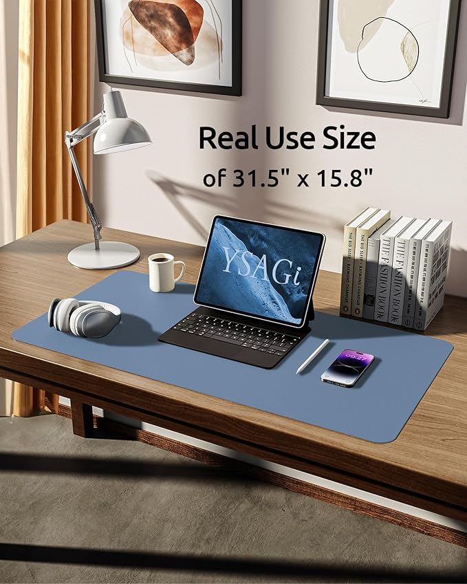 YSAGi Leather Desk Protector, Office Mat, Large Mouse Pad, Non-Slip PU Leather Blotter, Laptop Desk, Waterproof Writing Pad for Office and Home (Blue, 31.5" x 15.8")-DeskLoop Office