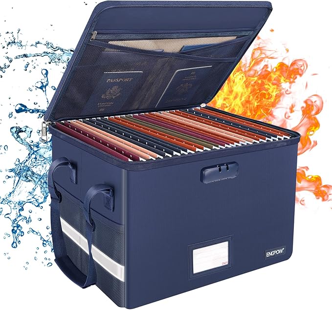 ENGPOW File Box with Lock, Fireproof Document Box with Zipper&Pockets, Collapsible File Organizer Filing Storage Cabinet with Handle, Portable Home Office Safe for Hanging Letter/Legal Folder, Blue-DeskLoop Office