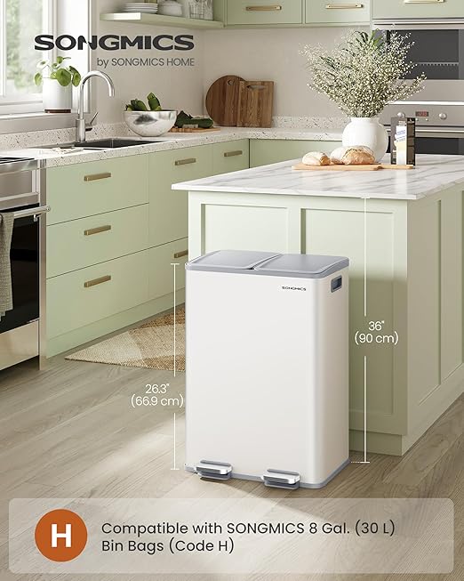 SONGMICS Trash Can, 2 x 8 Gallon (2 x 30 L) Dual-Compartment Garbage Can with Soft-Close Lid, Pedal and Inner Buckets, Stainless Steel, Includes 15 Liner Bags, Matte White ULTB741W01-DeskLoop Office