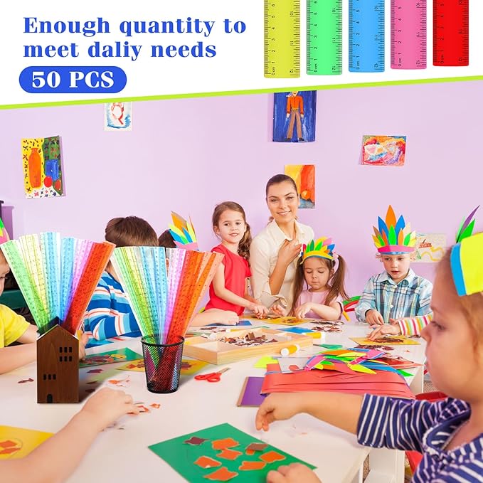 Zonon 50 Pcs 6 Inch/12 Inch Plastic Rulers Bulk Flexible Straight Rulers with Inches Centimeters First Day of School Gift Students Back to School Office Home Supplies(Clear Colorful,12 Inch)-DeskLoop Office
