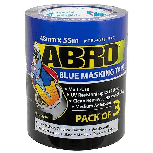 ABRO Blue Painters Tape 2 Inch Wide, 48mm x 55M, All Purpose Blue Tape, Temporary Labeling, Easy Tear, Clean Removal, Masking Tape Colored DIY or Pro - 3 Pack-DeskLoop Office