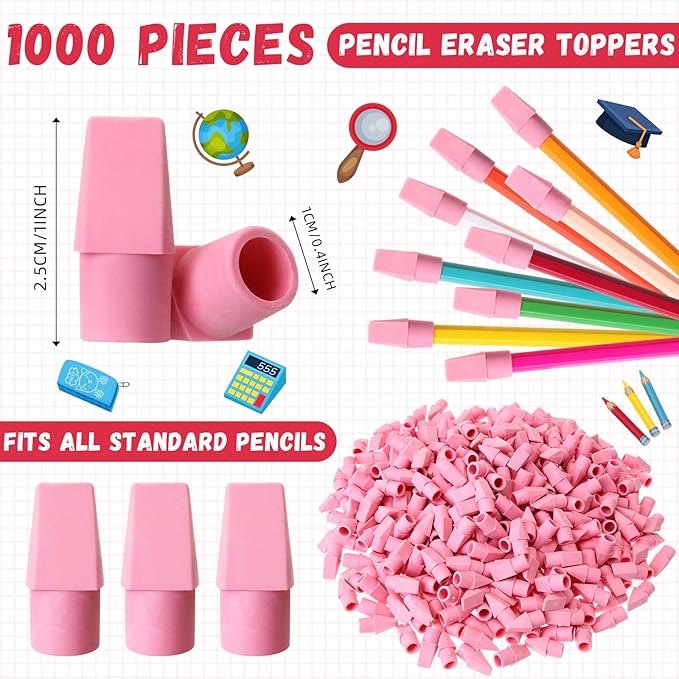 Crtiin 1000 Pcs Pencil Top Erasers Bulk Caps for Pencils Chisel Shape Erasers Toppers Classroom Party Favors Games Prizes Funny Pencil Eraser Cap for Kids Studying Supplies Home Office(Pink)-DeskLoop Office