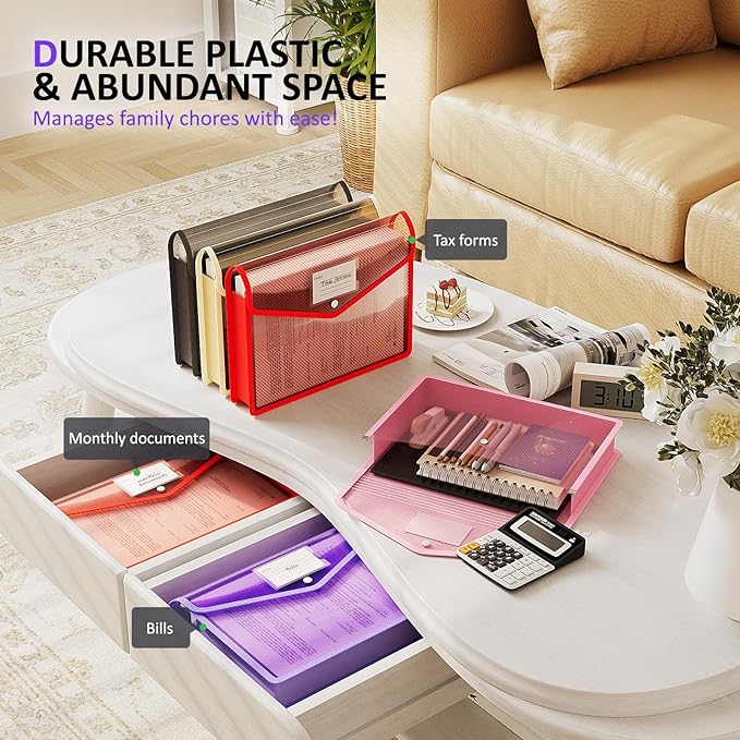 ThinkTex Plastic Expanding File Folder, Transparent Envelopes with Snap Closure,Suitable for Home, Office, School and Hospital, Large Capacity,No Dividers, 5 Colors, Fit Letter/A4 Size-10 Pcs