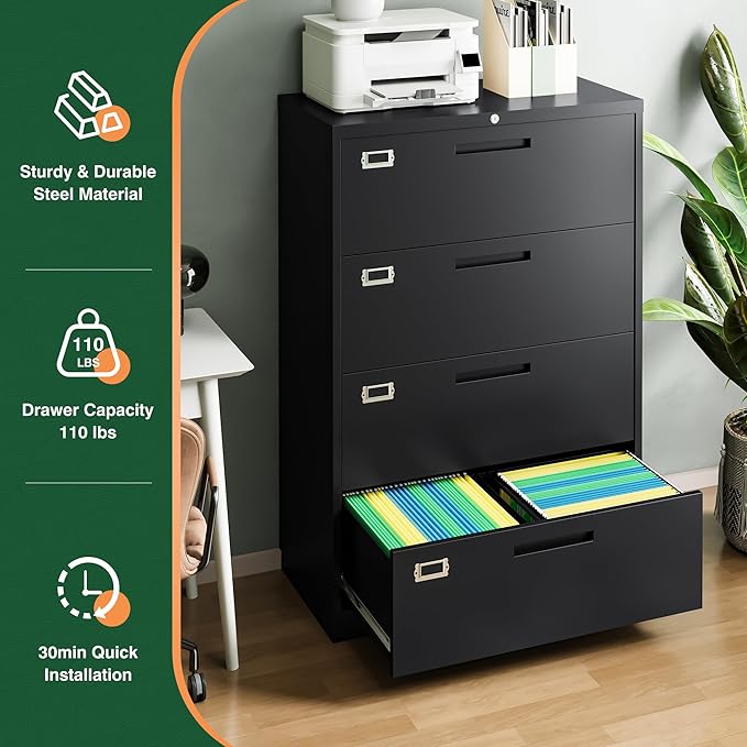 Letaya File Cabinets,4 Drawer Metal Lateral Filing Organization Storage Cabinets with Lock,Home Office for Hanging Files Letter/Legal/F4/A4 Size (Require Assembly)-DeskLoop Office