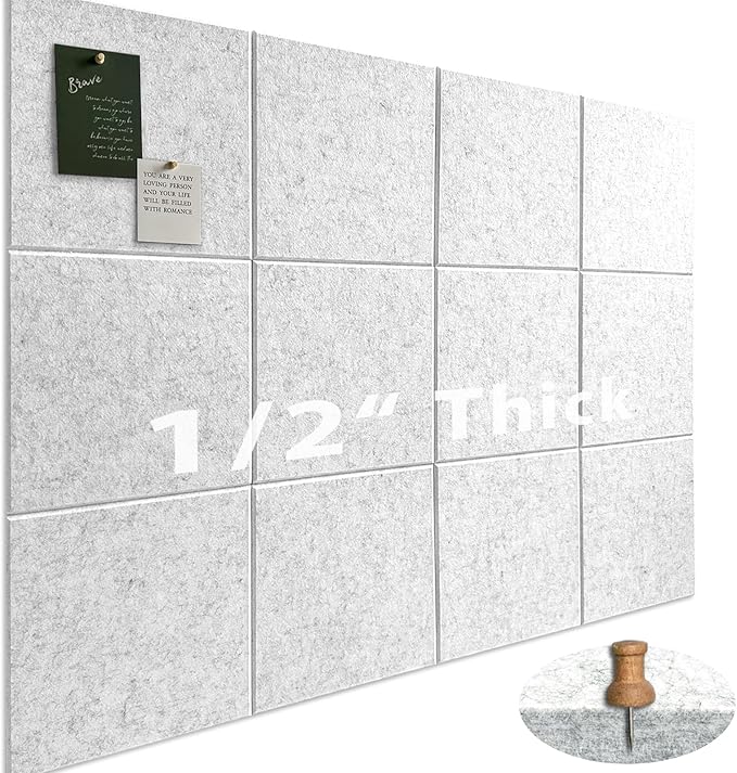 Large Cork Board for Office Wall Decor,48"x36"-12 Pack Felt Wall Tiles with Safe Removable Adhesive Tabs, 1/2" Thick, Felt Bulletin Board Pin Board Cork Boards for Walls - Light Grey-DeskLoop Office