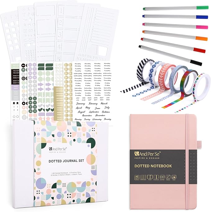 &And Per Se Dotted Journal Notebook Set, A5 Hardcover Dotted Journal (Pink), 6 Fineliner Pens, 8 Sticker, 5 Stencil Sheets & 6 Washi Tapes, Journaling Supplies for Planner Schedule-DeskLoop Office