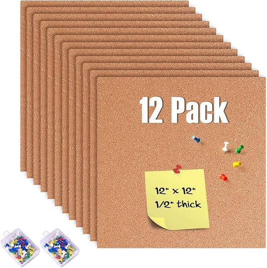 12 Pack Cork Bulletin Board 12 x 12 Inch - 1/2" Thick Cork Board Tiles,Self-Adhesive Frameless Cork Tiles Wall Decor with 100 PCS Pushpins for DIY, Office, School and Home Decor-DeskLoop Office