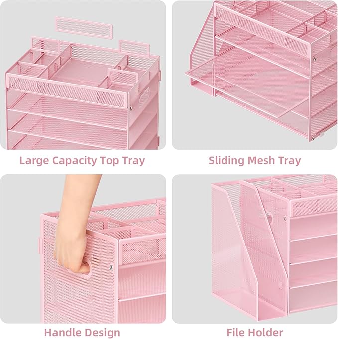 Marbrasse 5-Tier Desk Organizer with File Holder,Paper Letter Tray Organizer,Desktop File Organizer with Adjustable Compartments,Mesh Desk Organizers and Accessories for Office Supplies,Pink-DeskLoop Office