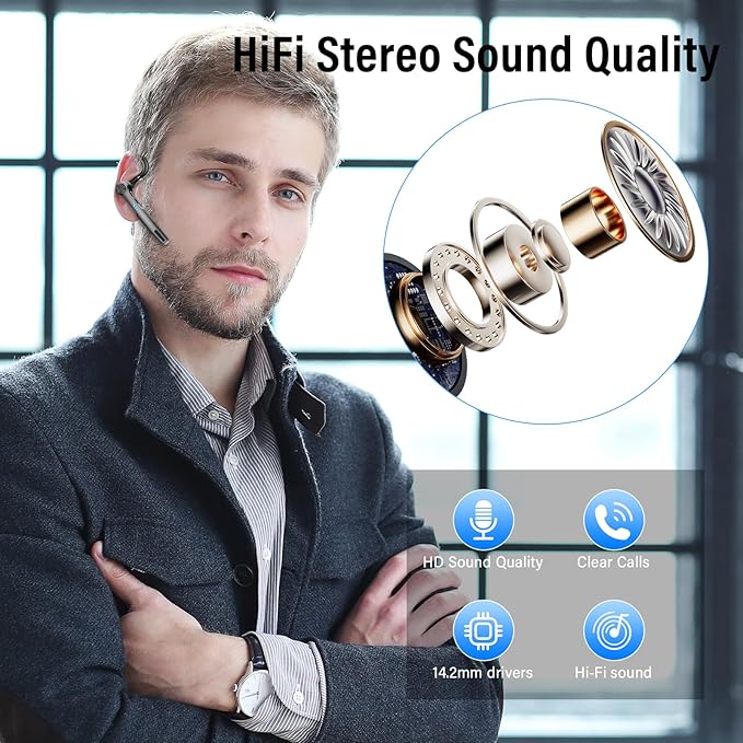 Bluetooth Headset, Wireless Headset with ENC Mic, 60H Talking Time Single-Ear Bluetooth Earpiece V5.3 with Large Charging Case, IP7 Waterproof Hand-Free Headphones for IOS Android Cellphones Black-DeskLoop Office