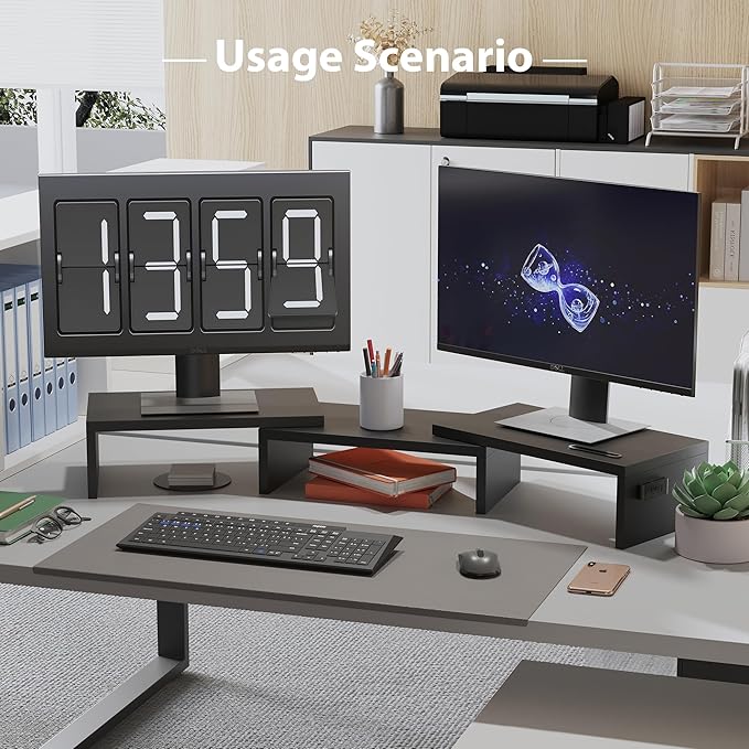 BONTEC Dual Monitor Stand Riser with Smartphone Holder, Adjustable Length & Swivel Angle, Ergonomic Wooden Desktop Organizer for PC Monitor, Laptop, Printer, Large Storage, Black-DeskLoop Office