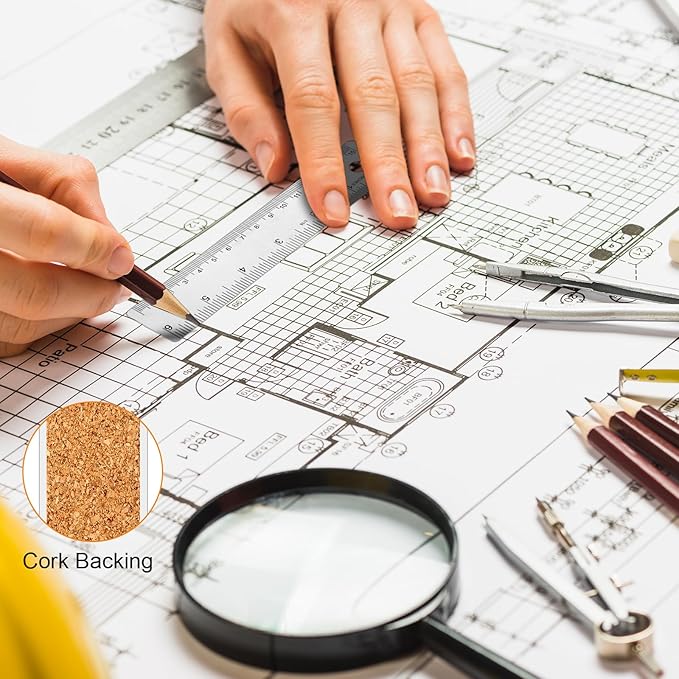 3 Pcs Stainless Steel Ruler 6 Inch Metal Ruler Straight Edge Rulers Non Slip Cork Backed Rulers with Inch and Metric Graduations for School Office Engineering Drawing(6 Inch)-DeskLoop Office