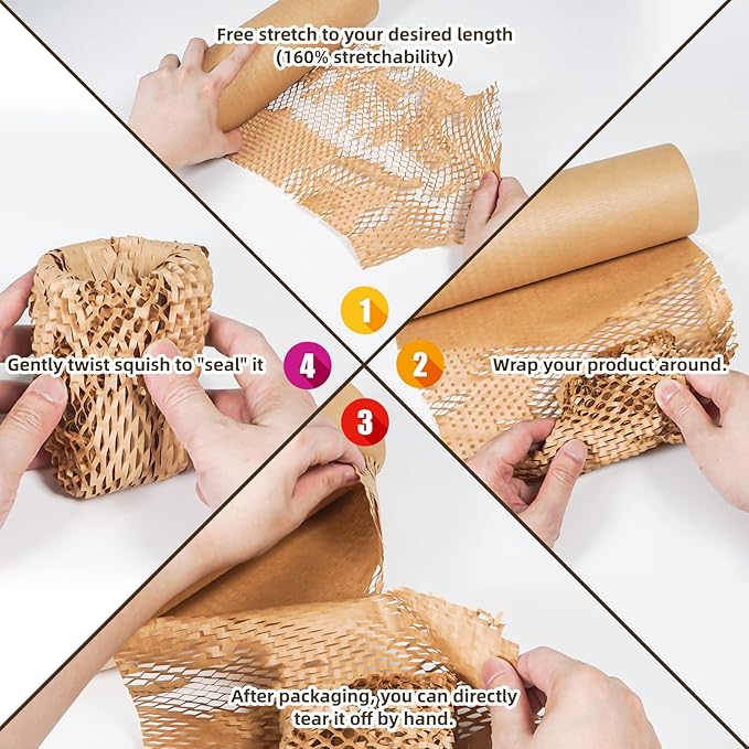 Honeycomb Packing Paper Wrap 12"x200' Sustainable Alternative to Bubble Wrap for Moving Shipping/Gift, Biodegradable & Fully Recyclable Bubble Paper Wrapping with 20 Fragile Sticker…-DeskLoop Office