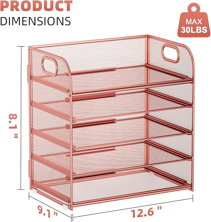 Marbrasse 5 Tier Paper Organizer Letter Tray, Mesh Desk File Organizer with Handle, Paper Sorter Desk Organizer for Home Office Supplies - Rose Gold-DeskLoop Office