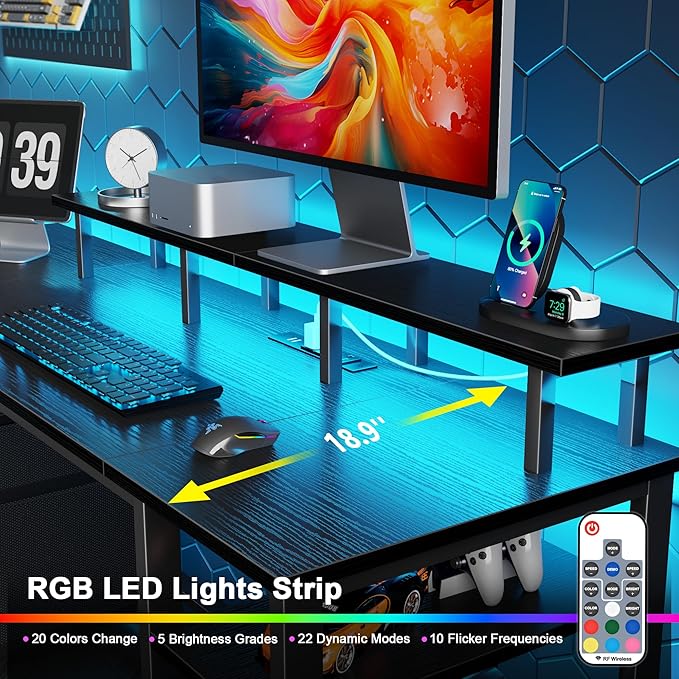 Furologee 51" Gaming Desk with Power Outlets & LED Lights, Reversible Computer Desk with File Cabinet & Monitor Stand for Home Office, Large Work Table with Storage Shelves & Drawer, Black-DeskLoop Office