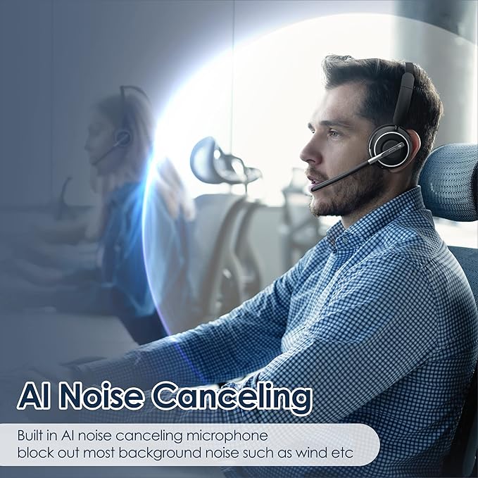Wireless Headset, Bluetooth Headset with AI Noise Cancelling Mic, Bluetooth V5.2 Headphones with USB Dongle, Charging Base & Mic Mute for PC/Cell Phones/Call Center (Black)