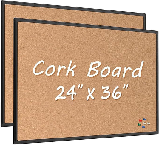 Board2by 2-Pack Cork Board Bulletin Board 24 x 36, Black Aluminium Framed 2 x 3 Corkboard, Office Board for Wall Cork, Large Wall Mounted Notice Pin Board with 32 Push Pins for School, Home & Office-DeskLoop Office
