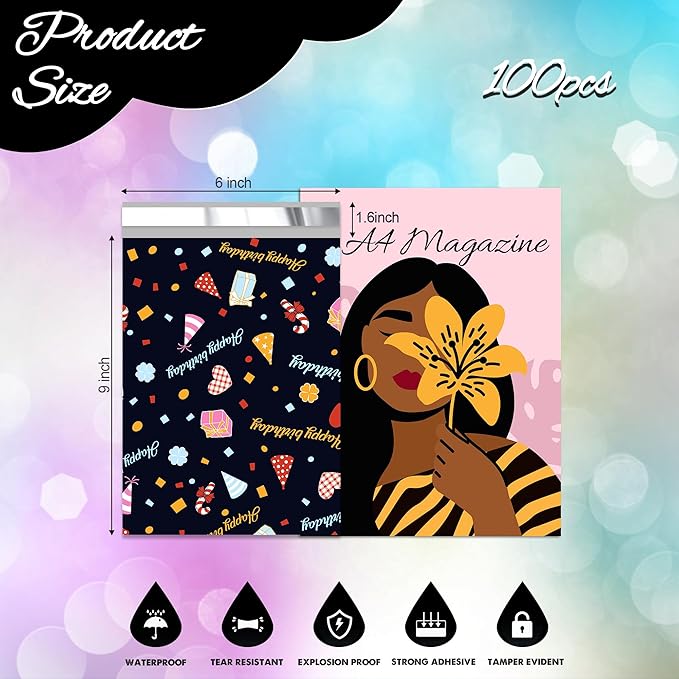 Happy Birthday Poly Mailer 6x9 Inch 100 Pcs, Waterproof Shipping Bags for Clothing, Tear-Resistant Mailier Bags, Strong Mailing Bags with Self-Seal-DeskLoop Office