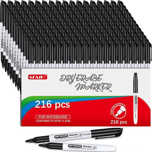 SFAIH Fine Tip Dry Erase Markers - 216 Pack Black Whiteboard Erasable Markers Bulk for Kids Adults, Ideal for Classroom School Office Home Use on White Board, Non-Toxic Easy Clean-DeskLoop Office