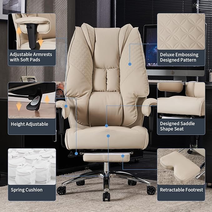 Big and Tall Office Chair 400lbs Wide Seat, Leather High Back Executive Office Chair with Foot Rest, Ergonomic Chairs Lumbar Support for Lower Back Pain Relief (Beige)-DeskLoop Office